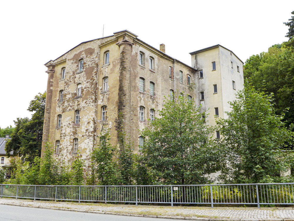 Außenansicht Spinnmühle / Baumwollspinnerei E. Evans in Siebenhöfen