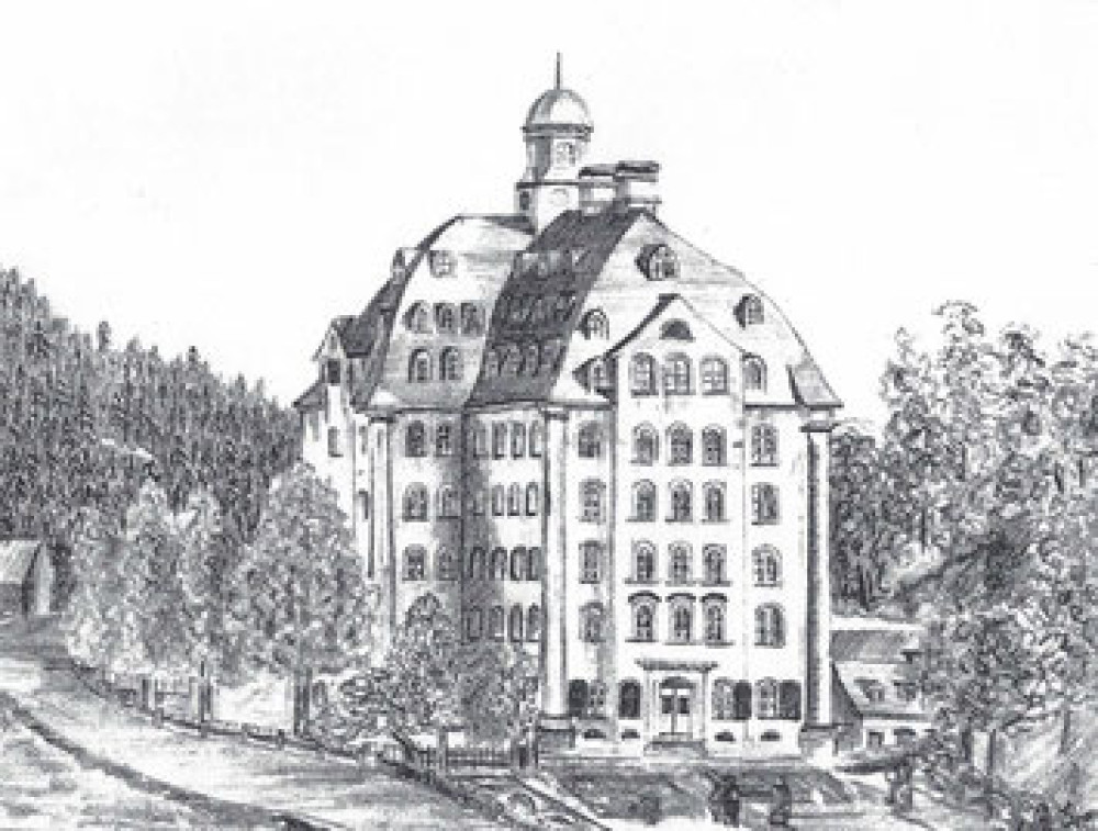 Nördliche Ansicht der Evan'schen Spinnmühle im 19. Jahrhundert (Repro einer Tuschezeichnung aus dem Nachlass von Dr. Walter Hentschel in den wissenschaftlichen Sammlungen des LfD Sachsen)