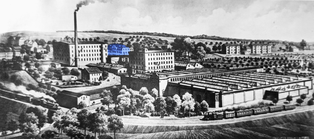 Gesamtansicht des Produktionsstandortes Wolkenburg in den 1930er Jahren