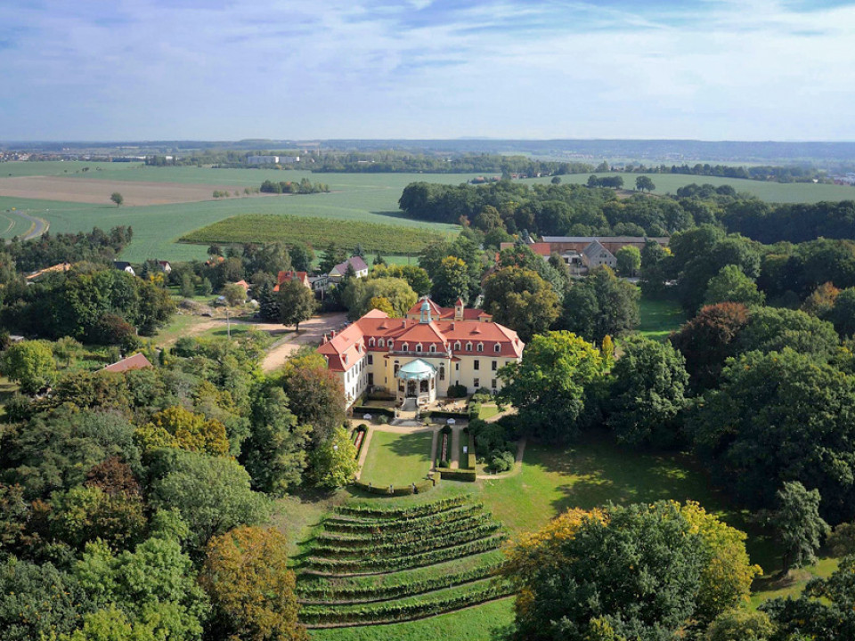 Luftbildaufnahme von Schloss Proschwitz